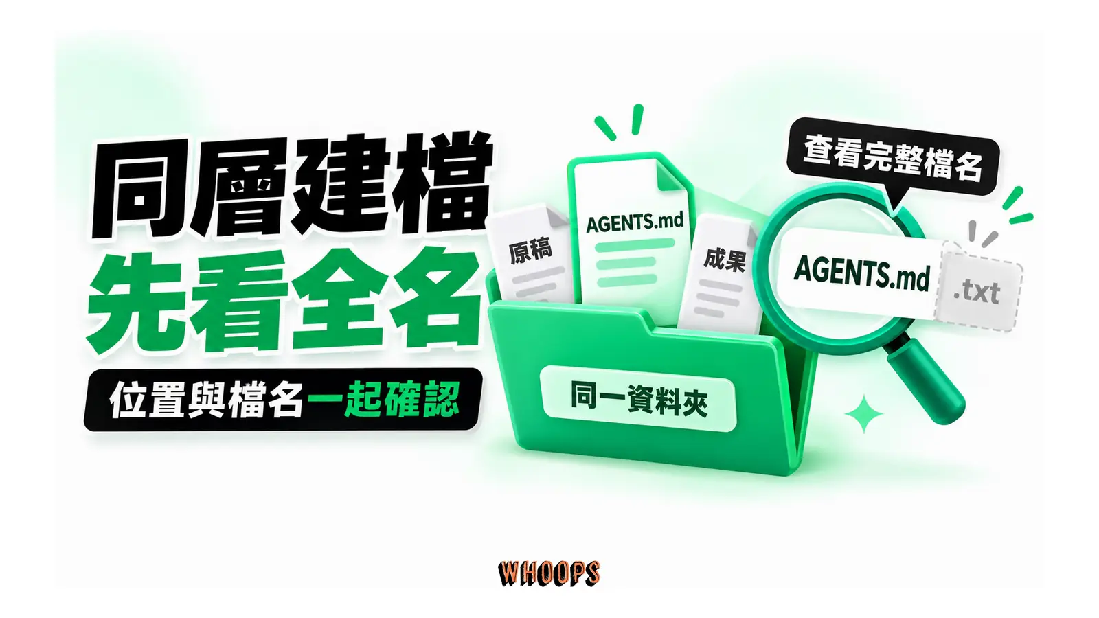 原稿、AGENTS.md 與成果位於同一資料夾,放大鏡檢查檔名末尾是否多出 .txt