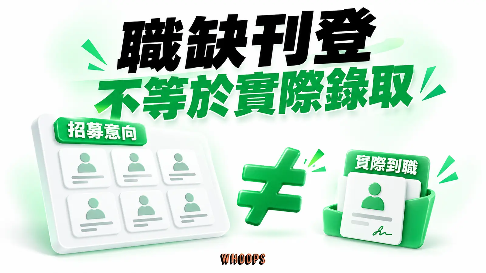 徵才刊登文件與已簽約入職名單並列,中間為不等號。