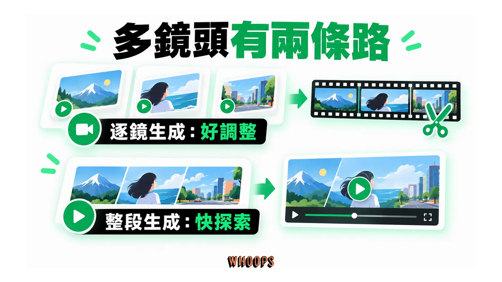 逐鏡生成後剪輯與整段一次生成的兩條影片製作路徑。