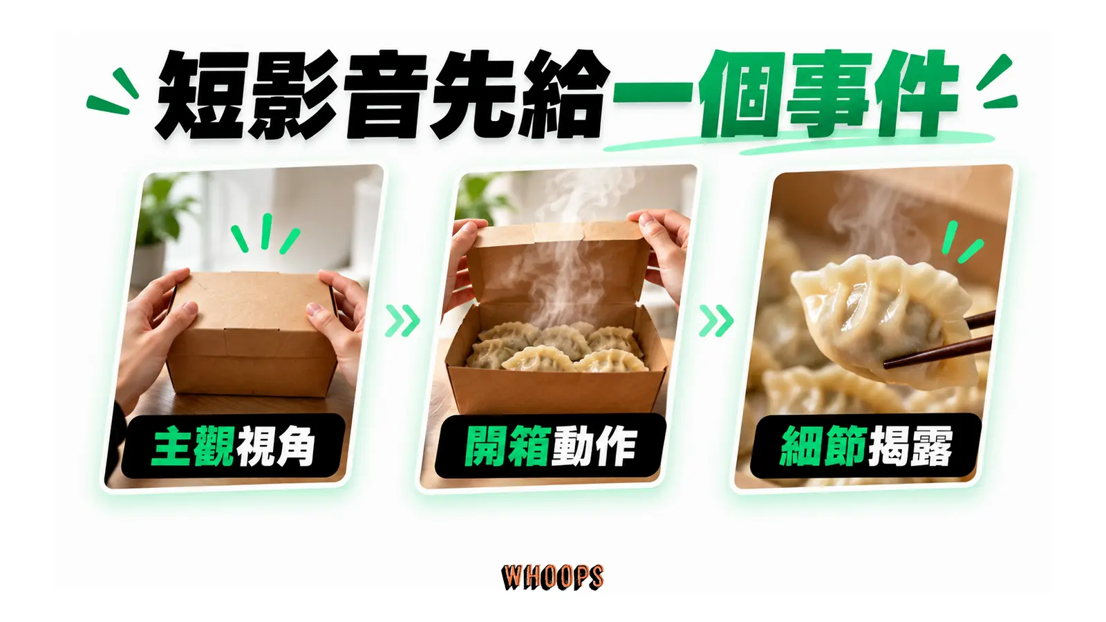 食盒開箱依序呈現主觀視角、開箱動作與餃子細節。