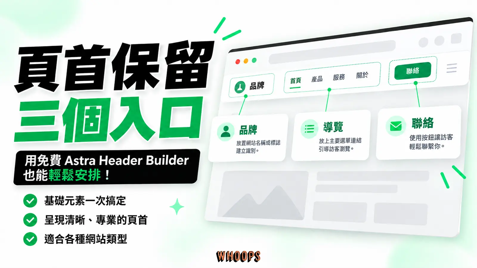 頁首保留三個入口:品牌、導覽、聯絡