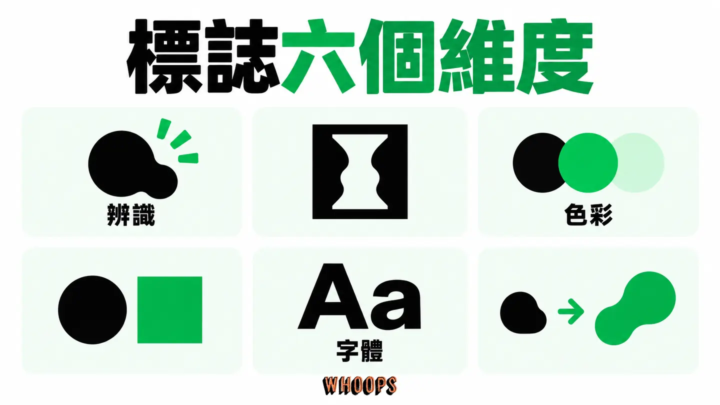標誌六個維度:辨識、負空間、色彩、幾何、字體與演化各自檢查。