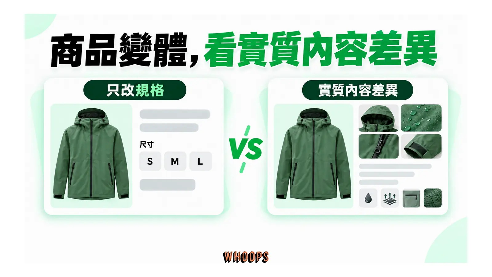 只改尺寸選項的商品頁與具有不同主要圖片、描述的商品內容對照。