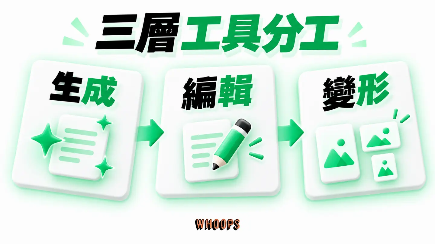 三層工具分工：生成初稿、編輯內容、變形多尺寸的先後關係。