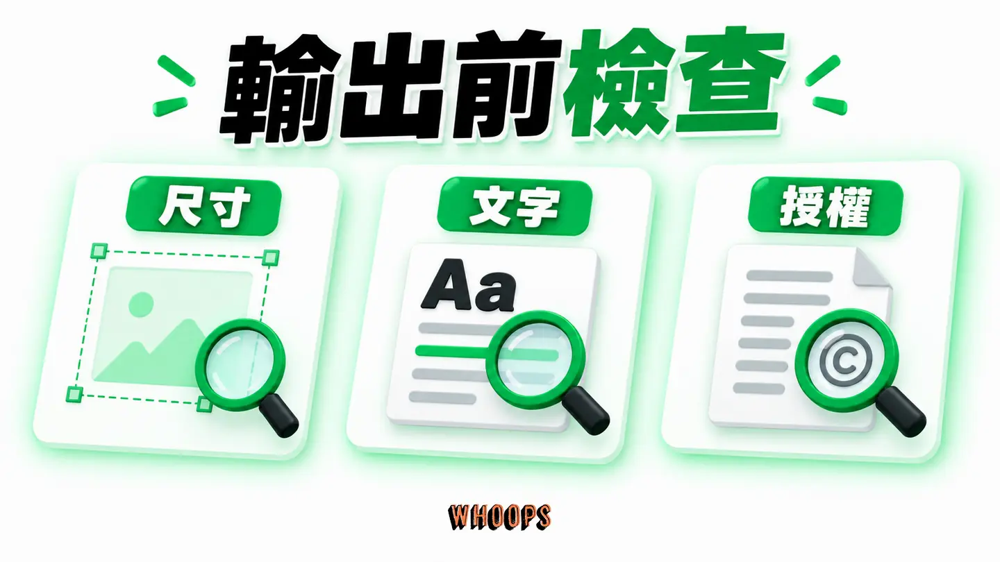 輸出前檢查:依尺寸、文字、素材授權與格式逐項檢查。