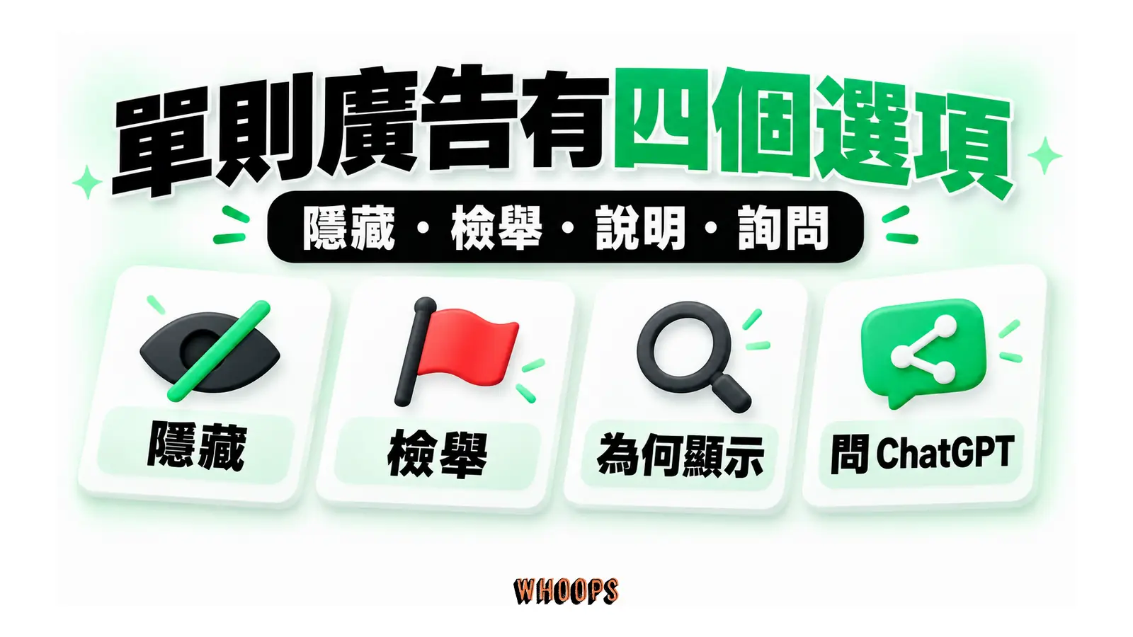單則廣告的隱藏、檢舉、顯示說明及詢問四個功能