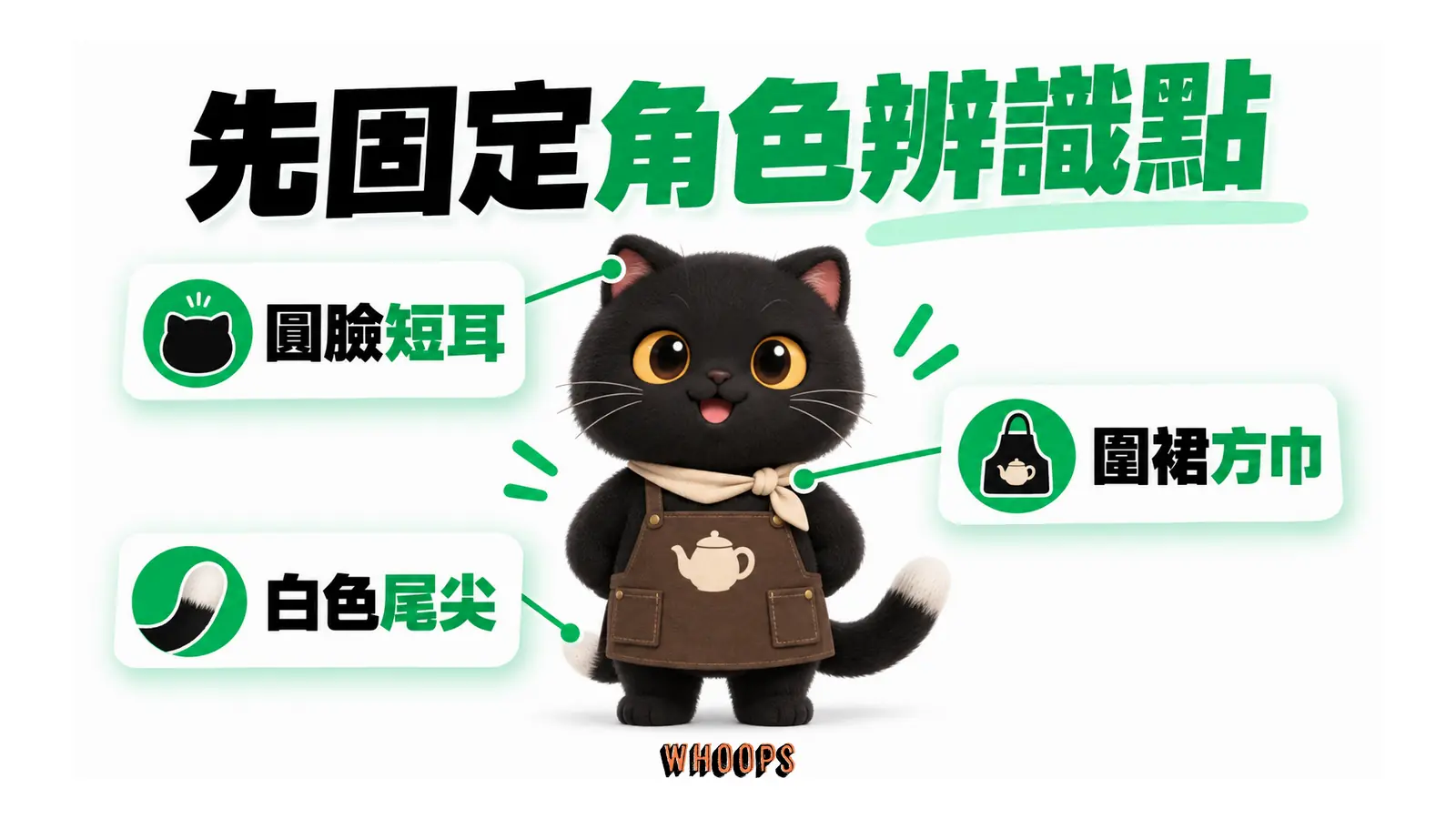 黑貓茶師的圓臉短耳、深褐茶壺圖案圍裙、淺米方巾與白色尾尖由標註線指出。