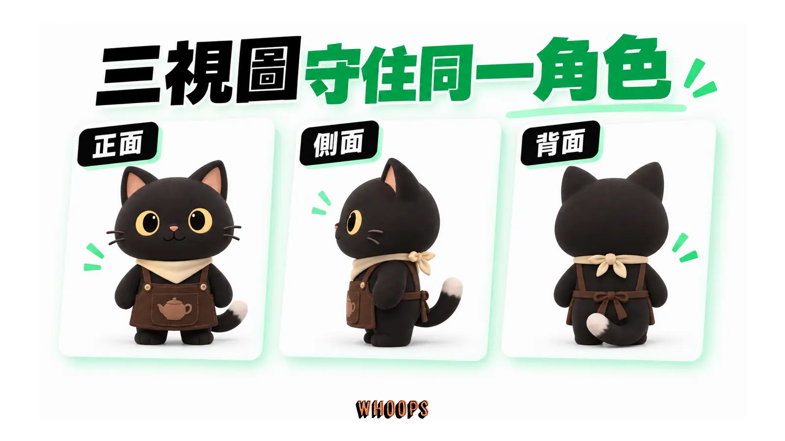 三視圖守住同一角色的解說圖,呈現正面;側面;背面。