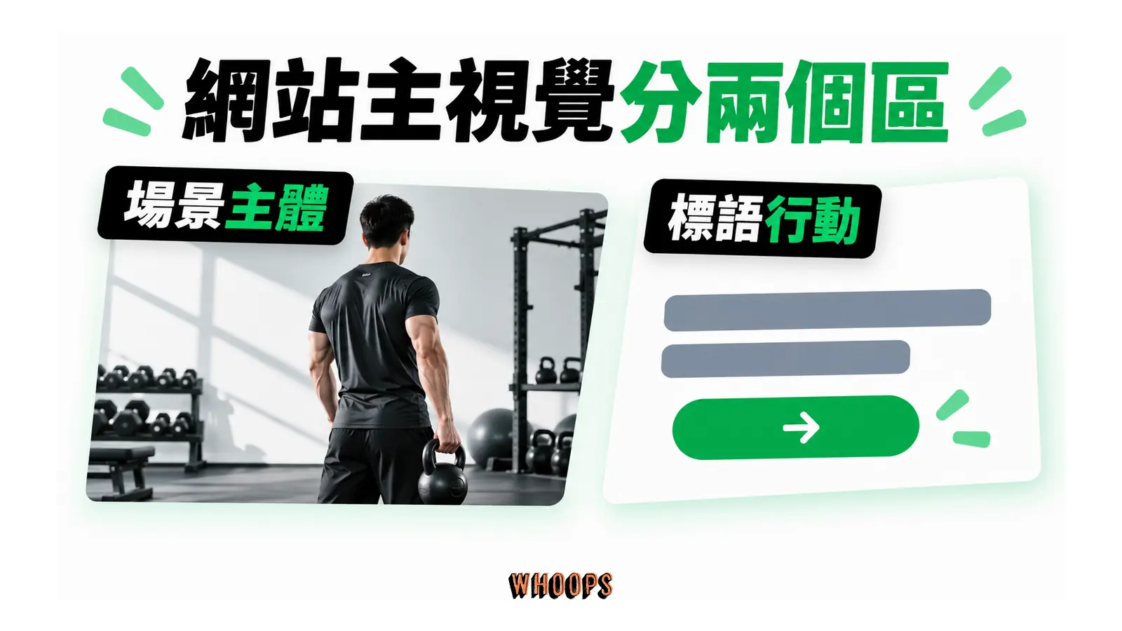 網站主視覺分兩個區的解說圖,呈現場景主體;標語行動。