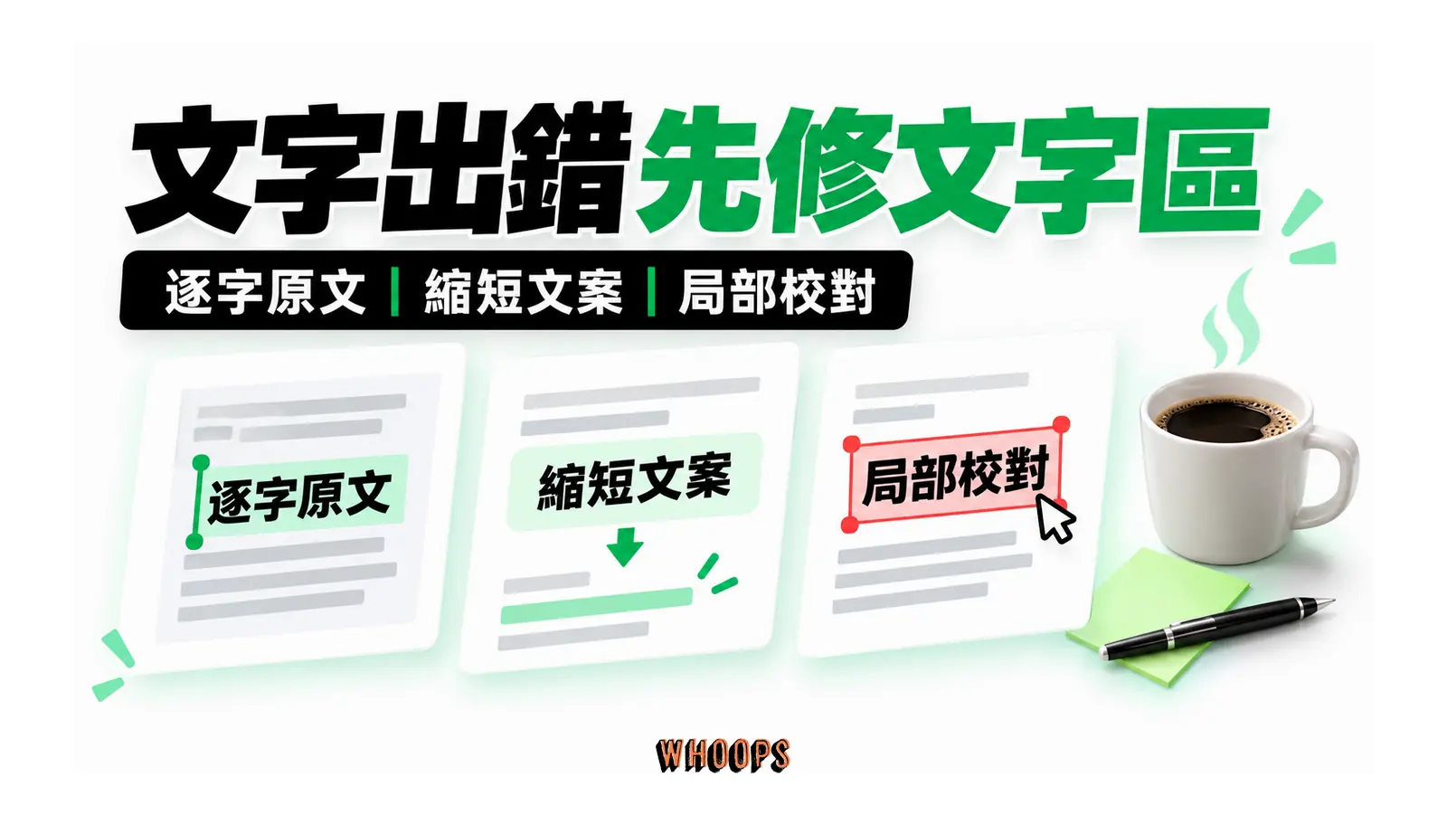 文字出錯先修文字區的解說圖,呈現逐字原文;縮短文案;局部校對。