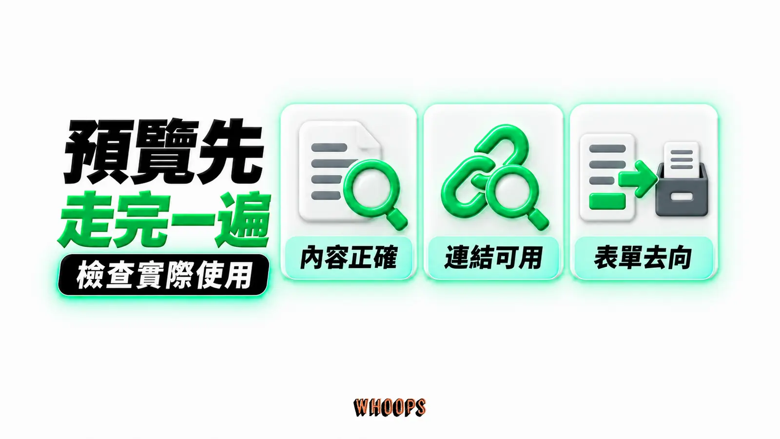 預覽先走完一遍：內容正確、連結可用、表單去向