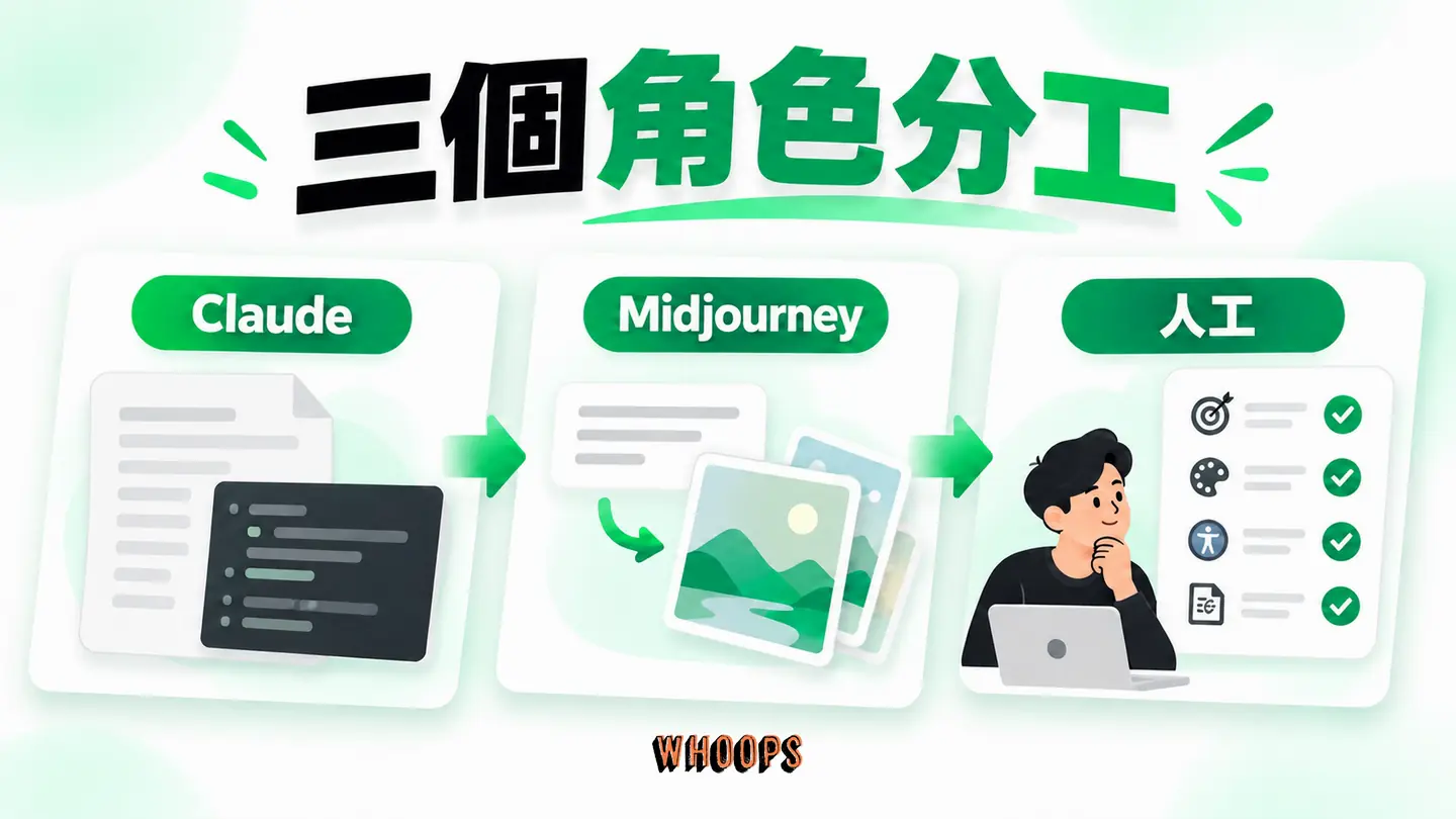 三個角色分工:Claude 整理內容,Midjourney 產視覺,人負責審核與決策。