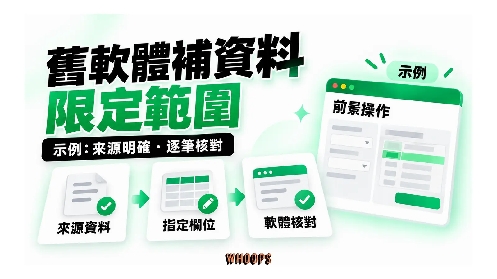 舊軟體補資料限定範圍圖解：示例：來源明確・逐筆核對