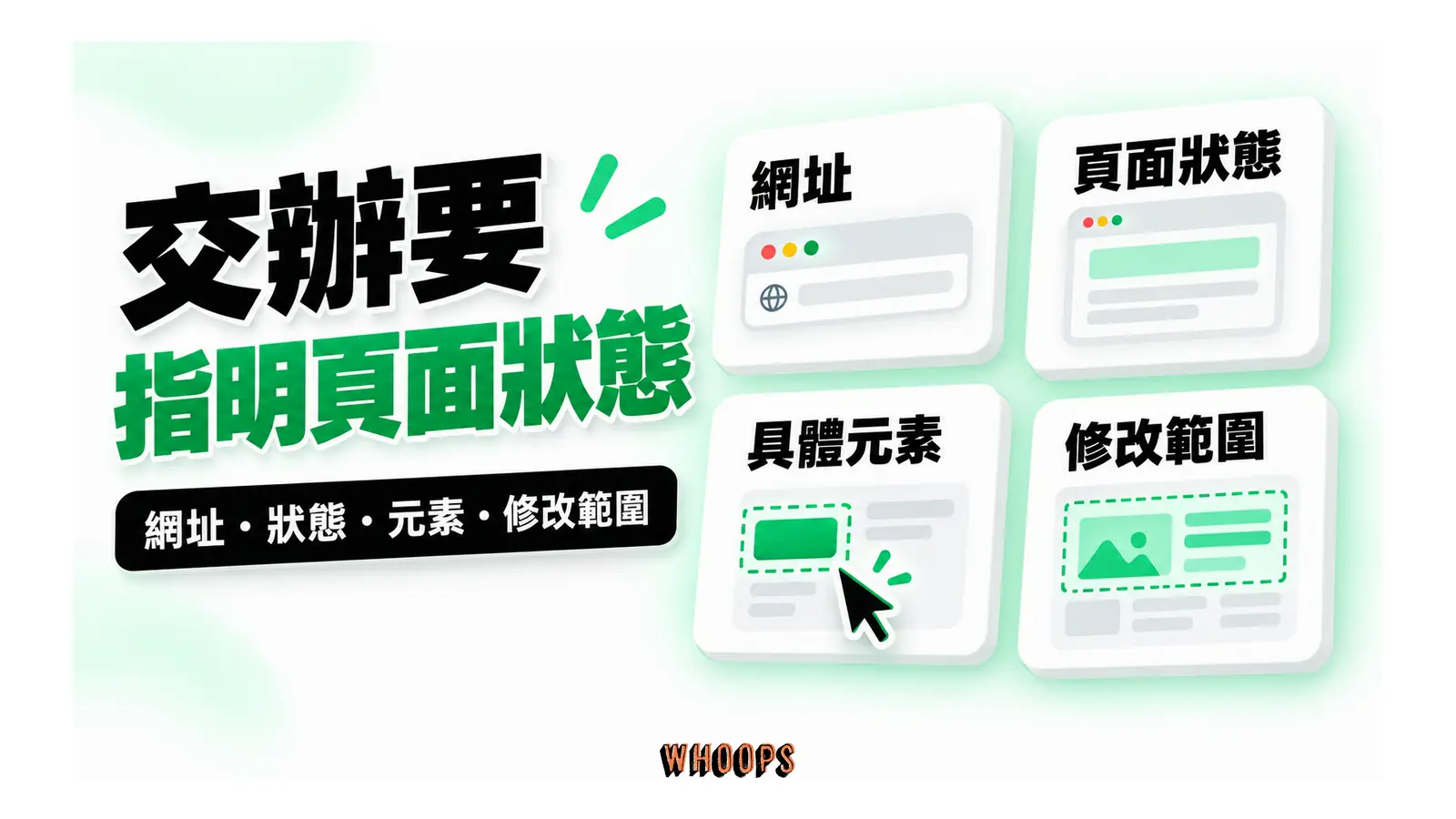 交辦要指明頁面狀態圖解：網址・狀態・元素・修改範圍