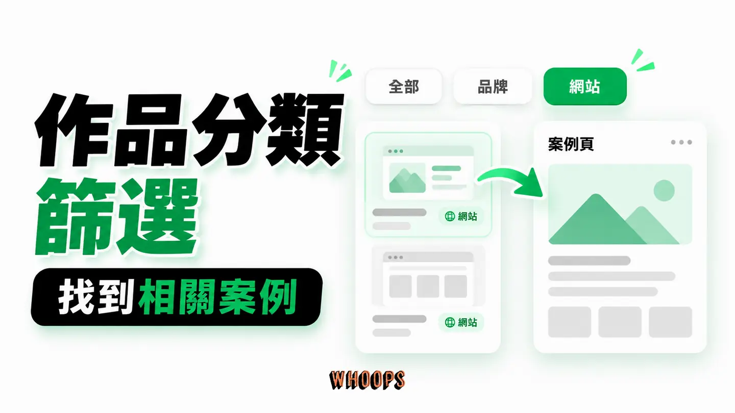 作品分類篩選:類別標籤控制作品格網,選中作品連到案例頁。