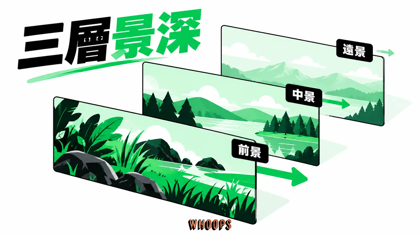 三層景深:遠景、中景與前景以不同位移建立深度。
