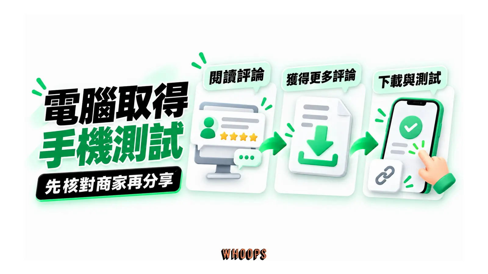 電腦取得手機測試：閱讀評論、獲得更多評論、下載與測試