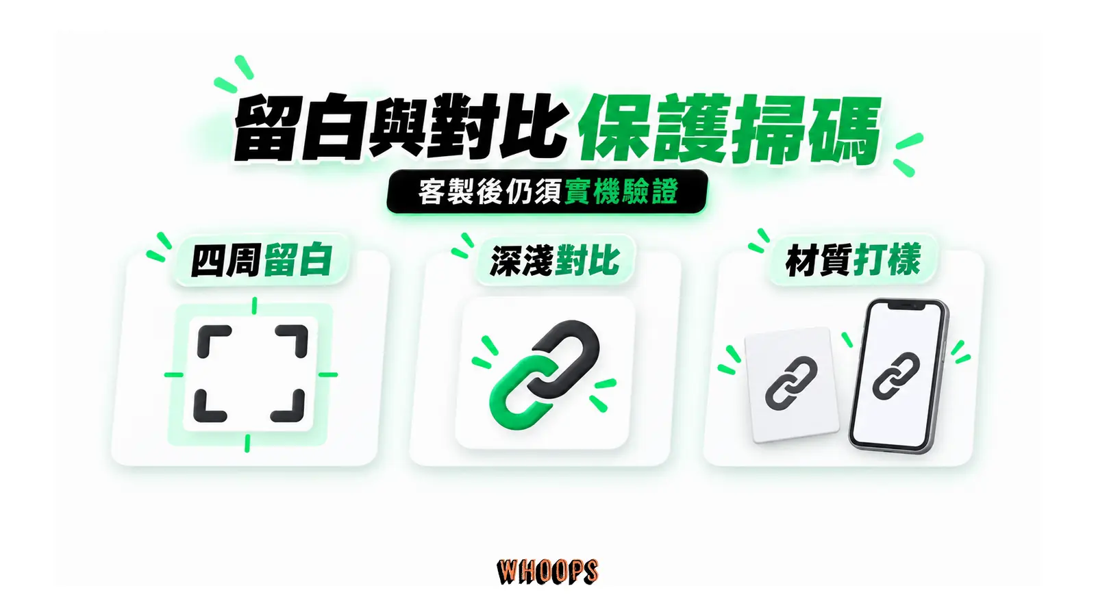 留白與對比保護掃碼：四周留白、深淺對比、材質打樣