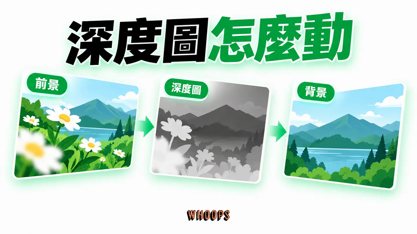 深度圖怎麼動:前景與背景深度不同,位移產生 3D 觀感。