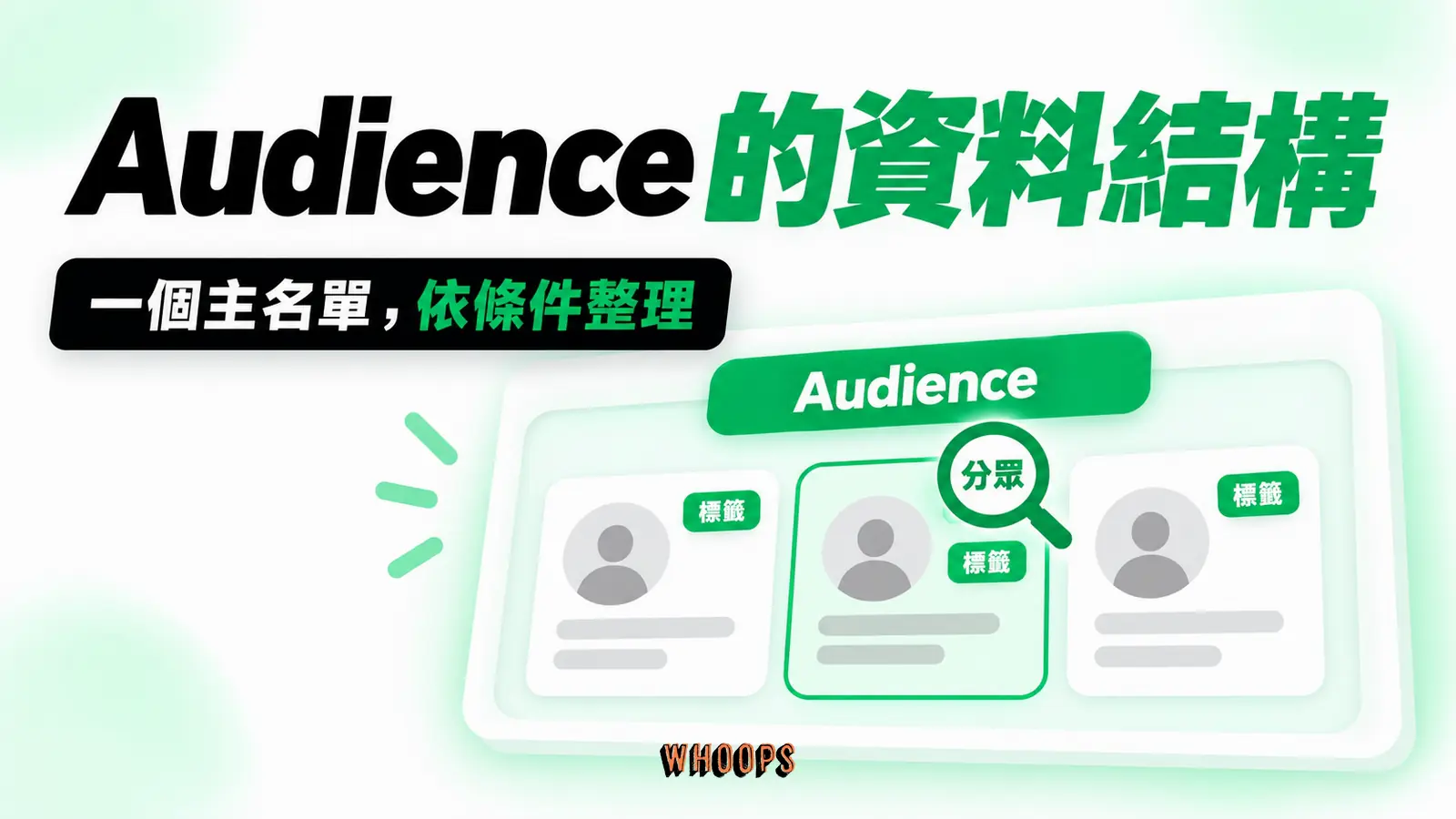 Mailchimp Audience 作為聯絡人容器,再以標籤與分眾按條件整理聯絡人的概念圖。