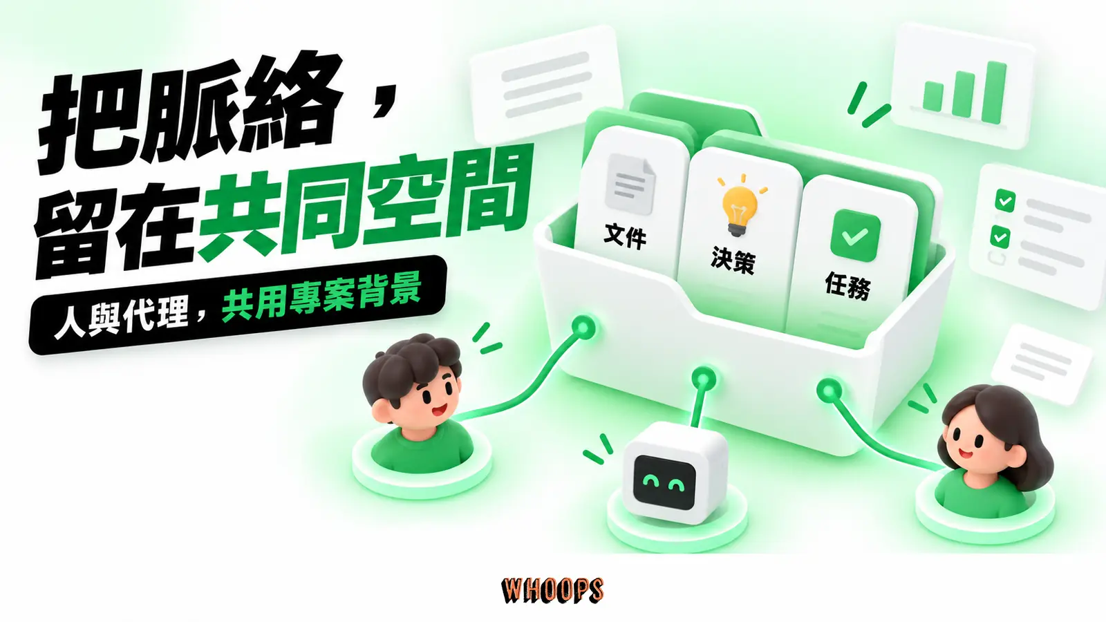 人與代理都連接同一個共享專案資料夾,文件、決策與任務集中在內