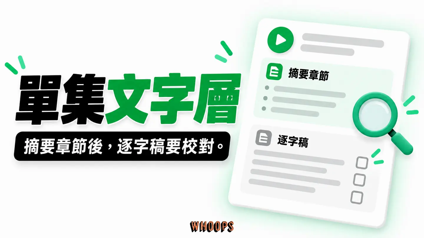 單集文字層:標題、摘要、章節、逐字稿與校對責任逐層呈現。