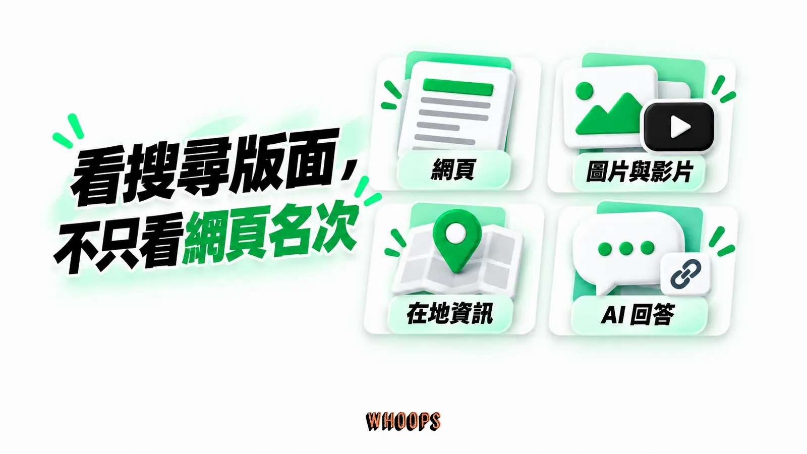 看搜尋版面,不只看網頁名次:網頁、圖片與影片、在地資訊、AI 回答