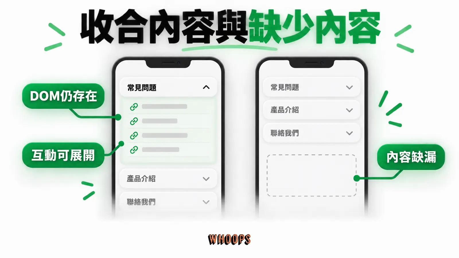 收合內容與缺少內容:DOM仍存在、互動可展開、內容缺漏