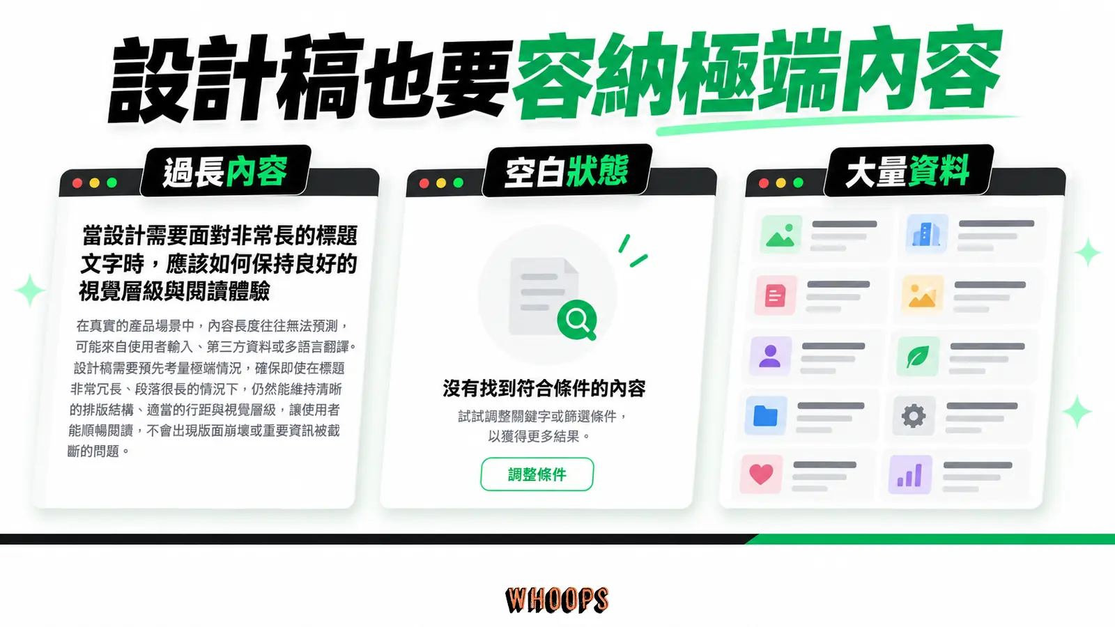 交付元件時,也要說明長內容、空狀態與大量資料的處理方式。