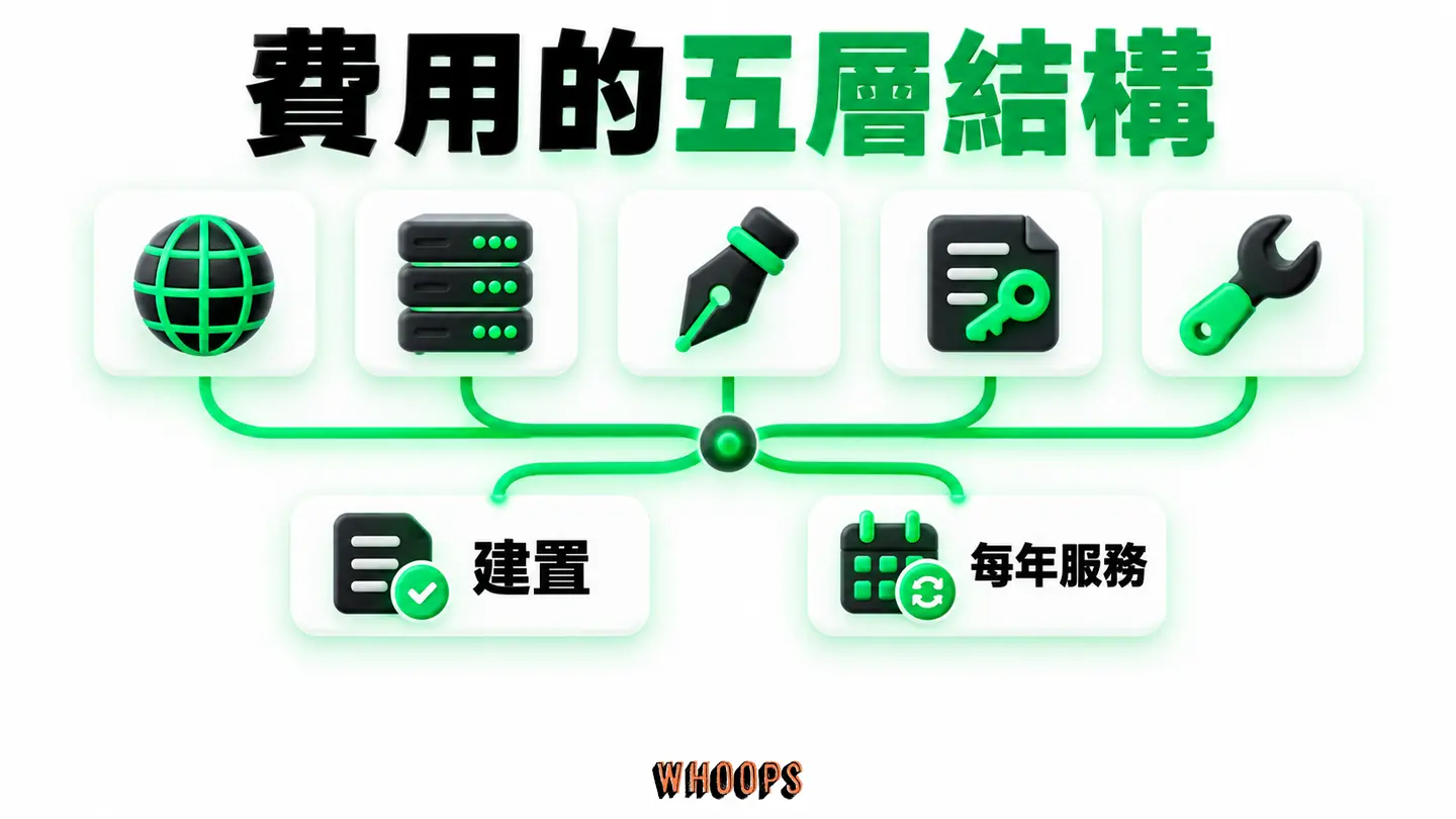 費用的五層結構:網域、主機或平台、設計、授權、維護逐層堆疊。